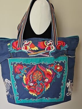 Embroidered Navy & Teal Tote Bag with Vibrant Floral Motif